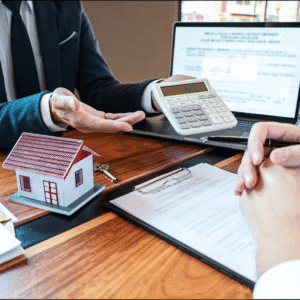 Real estate discussion with calculator and documents.