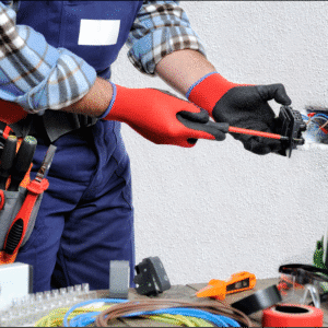 Electrician working on wall wiring installation.