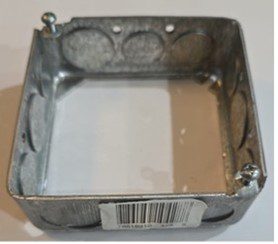 Square metal electrical box with circular cutouts and barcode label.