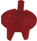 Red plastic object with three legs and a central cylindrical protrusion.