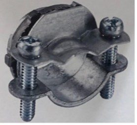 Metal clamp with screws for securing cables or pipes.