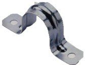 Metal pipe clamp with two mounting holes.