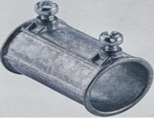 A metallic pipe coupling with two screw clamps.