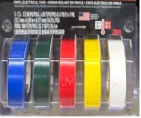 Various colors of electrical tape rolls on display.