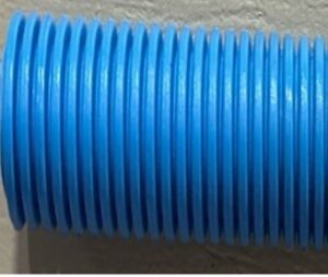 Close-up of a blue corrugated plastic pipe.