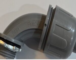 Close-up of a gray plastic pipe fitting with a push-fit connection.