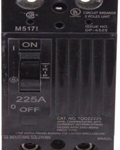 Close-up of a 225A circuit breaker switch in the off position.