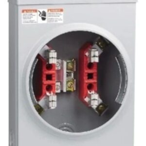 Empty electrical meter socket base with red terminal blocks.