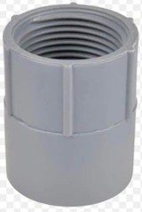 Close-up of a gray plastic pipe coupling with threaded interior.