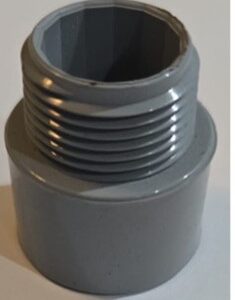 Close-up of a threaded gray plastic pipe fitting.