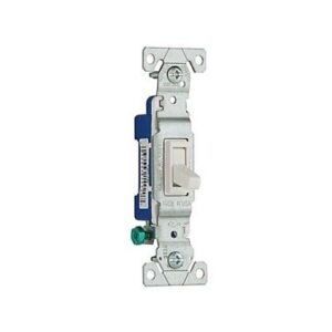 Single-pole light switch with mounting bracket and terminals.